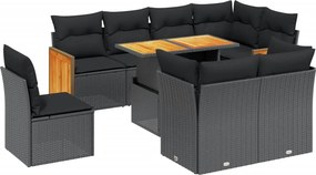 vidaXL 9 részes fekete polyrattan kerti ülőgarnitúra párnákkal