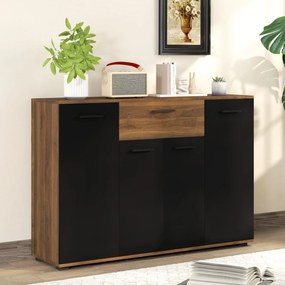 HOMCOM Barna és Fekete Buffet Tárolószekrény 4 Szekrénnyel, Fiókkal és Állítható Polcokkal, Mérete: 120 x 35 x 85 cm | Aosom