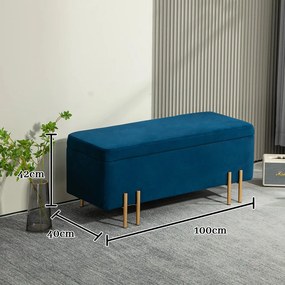 HOMCOM Pad, kárpitozott pad tárolóval, fém, kaucsukfa, habszivacs, 100 x 40 x 42 cm, sötétkék