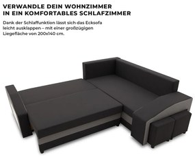 Grande sarokkanapé polcokkal és puffokkal , polc a bal karfaban puffok a jobb karfaban, jobboldali, szövet anyag, hab töltet, fekete - szürke