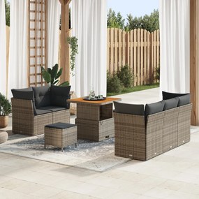 8 Részes Kerthelység Kanapé Szett Párnákkal Szürke Műrattan Acacia, 3 Részes Kerti Étkező Szett Párnákkal Szürke Műrattan Acacia