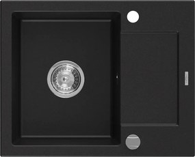 Mexen Enzo gránit mosogatótálca, 1 rekeszes csepegtetővel, 576 x 465 mm, fekete, króm szifon - 6506571005-77