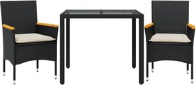 vidaXL 3 részes fekete polyrattan/üveg kerti étkezőgarnitúra párnákkal