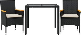 vidaXL 3 részes fekete polyrattan/üveg kerti étkezőgarnitúra párnákkal