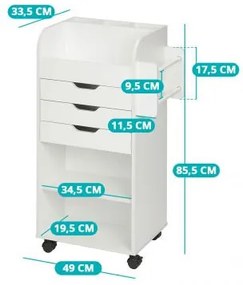 Gurulós tárolószekrény polcokkal, fiókokkal