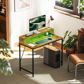 HOMCOM Ipari Íróasztal LED Fényekkel, Áramellátással, Monitor Támasszal és Távvezérléssel 100x50x90.5 cm Rusztikus Barna | Aosom