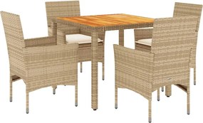 vidaXL 5 részes bézs polyrattan/akácfa kerti étkezőgarnitúra párnákkal