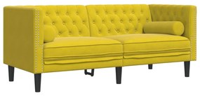 2 személyes sárga bársony Chesterfield kanapé hengerpárnákkal