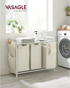 VASAGLE 3 rekeszes szennyestartó kosár polccal, 3 x 40 L, krémfehér