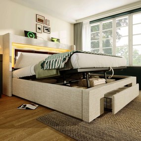 Kárpitozott ágy kétszemélyes ágy Hidraulikus Led Usb C 140X200CM+Matrac