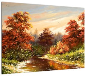 Kép egy folyóról egy őszi tájban, olajfestmény (üvegen) (70x50 cm)