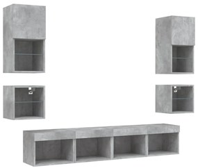 8 darab betonszürke szerelt fa fali TV-bútor LED-del