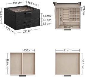 Ékszerdoboz üvegtetővel, 3 fiókos ékszertartó, fekete