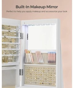 SONGMICS ékszerszekrény, tükrös szekrény 360°-ban forgatható,  fehér felülettel és greige