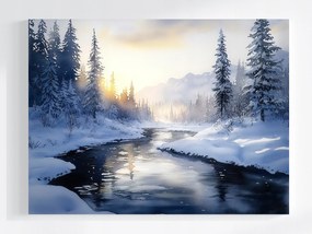 Vászonkép Canvas Tájkép Hegyek Csúcsok Erdő Folyó Tél Hó 100x75