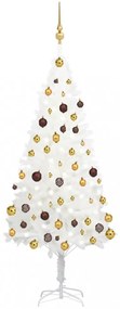 Fehér műkarácsonyfa LED-ekkel és gömbszettel 150 cm