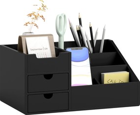 HOMCOM Bambusz Asztali Szervező 2 Fiókkal, 6 Rekesszel és Polccal Irodához és Otthonra 33x20.5x15.5 cm Fekete | Aosom