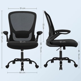 Irodai szék összecsukható karfákkal, ergonomikus számítógépes szék, fekete