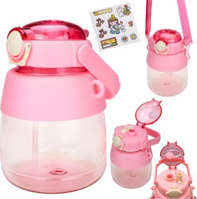 Kulacs 1L-es vizes palack szívószállal és pórázzal matricák gyerekeknek Rózsaszín