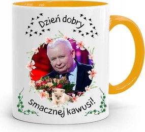 Sárga Vicces Bögre Jaroslaw Kaczynski felirattal, fényképpel