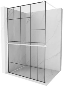 Mexen Kioto+, Walk-In zuhanyparaván polccal és akasztóval 110 x 200 cm, 8 mm átlátszó üveg fekete mintás, fehér profil, 800-110-121-20-78
