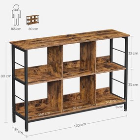 Könyvespolc, tárolópolc, 6 rekesszel, rusztikus barna 33 x 120 x 80 cm