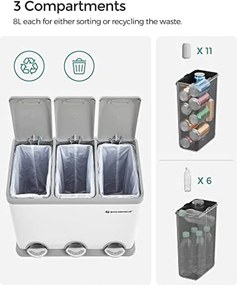 3 x 8 literes konyhai szemetes tetővel, fém pedálos, acél, könnyen tisztítható, fehér és szürke