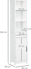 Kleankin Slim Fürdőszobai Tároló Szekrény 3 Nyitott Rekesszel, Fiókkal és Állítható Polccal, 40 x 30 x 164 cm, Fehér | Aosom