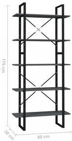 5 szintes szürke szerelt fa könyvszekrény 80 x 30 x 175 cm