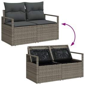 9 darabos kertibútor szett párnákkal szürke poli rattan akáciával, 2 fős kertibútor tárolóval és párnákkal szürke poli rattan