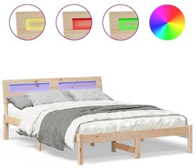 Ágykeret LED -es lámpákkal Barna 140 x 190 cm Tömör fenyőfa
