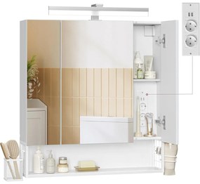 Fürdőszobaszekrény led világítással, konnektorokkal, 16,5 × 70 × 75 cm, felhőfehér színben