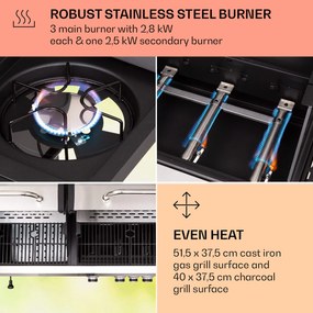 Kingsville 3.1, gáz + faszén kombinált grill, 10,9 kW, 3+1 égő, állítható magasság