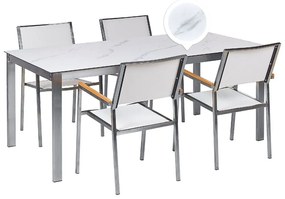 Négyszemélyes márványhatású üveg étkezőasztal fehér székekkel COSOLETO/GROSSETO Beliani