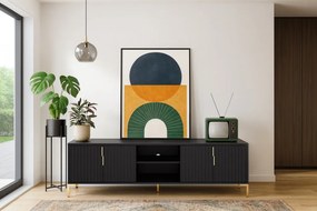 TV-szekrény 4 ajtóval, fekete/matt fekete színkombinációban FLINN FL01