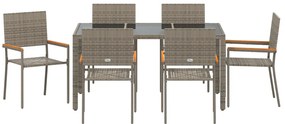 7 Darabos Kerti Étkezősor Szürke Poli Rattan, Párnázott Kerti Székek Huzattal 2 db Szürke Poli Rattan