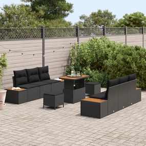 9 darabos kerti sofa szett párnákkal fekete poli rattan akác, 3 darabos kerti étkező szett párnákkal fekete poli rattan akác