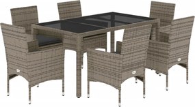 vidaXL 7 részes szürke polyrattan/üveg kerti étkezőgarnitúra párnával