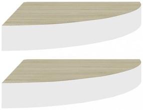 2 db fehér-tölgyszínű MDF fali sarokpolc 25 x 25 x 3,8 cm