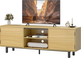 HOMCOM 160 cm-es TV-szekrény – Akár 165 cm-es tévékhez, 2 nyomásra nyíló ajtó és 2 nyitott polc, fém lábak, natúr fa hatás | Aosom