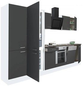 Yorki 340 konyhabútor fehér korpusz,selyemfényű antracit front alsó sütős elemmel polcos szekrénnyel és alulfagyasztós hűtős szekrénnyel