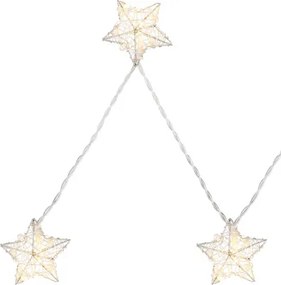 Globo 29861-10 LED fényfüzér fém ezüst csillagokkal, melyek között távolság 10 cm. Elemmel működtethető (nem tartozék, 2xAA) HxSzxM:900x55x15, inkl. 10xLED 0,03W 3V, 3000K