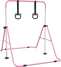 HOMCOM Gyermek Torna Dugasz, Vízszintes Rúd, Magasságban Állítható, Összecsukható Tornaeszköz Tornagyűrűkkel, Rózsaszín | Aosom