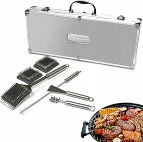 Acél Grill Szett Bőröndben Tisztító Kiegészítők 8in1 Prémium