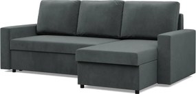 Zeus sarokkanapé, 1 ágyneműtartóval, egyenes kartámasz, bársony, univerzális oldal, hab töltet, szürke