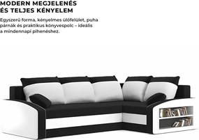 Grande sarokkanapé polcokkal , polc a jobb karfaban, jobboldali, szövet anyag, hab töltet, fekete - fehér
