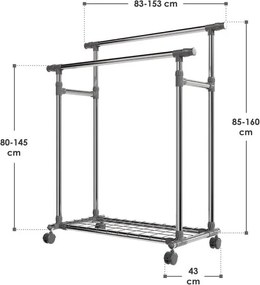 Fém ruhaállvány kerekeken 2 rúddal + polcokkal