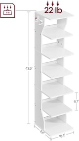 7 szintes keskeny cipőtartó állvány akasztókkal, fehér