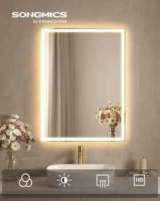 SONGMICS LED-es fürdőszobai tükör, 71x51 cm, páramentesítő funkció, fehér