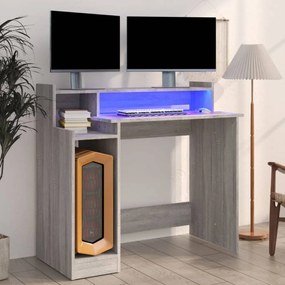 Szürke sonoma színű szerelt fa íróasztal led-ekkel 97x45x90 cm